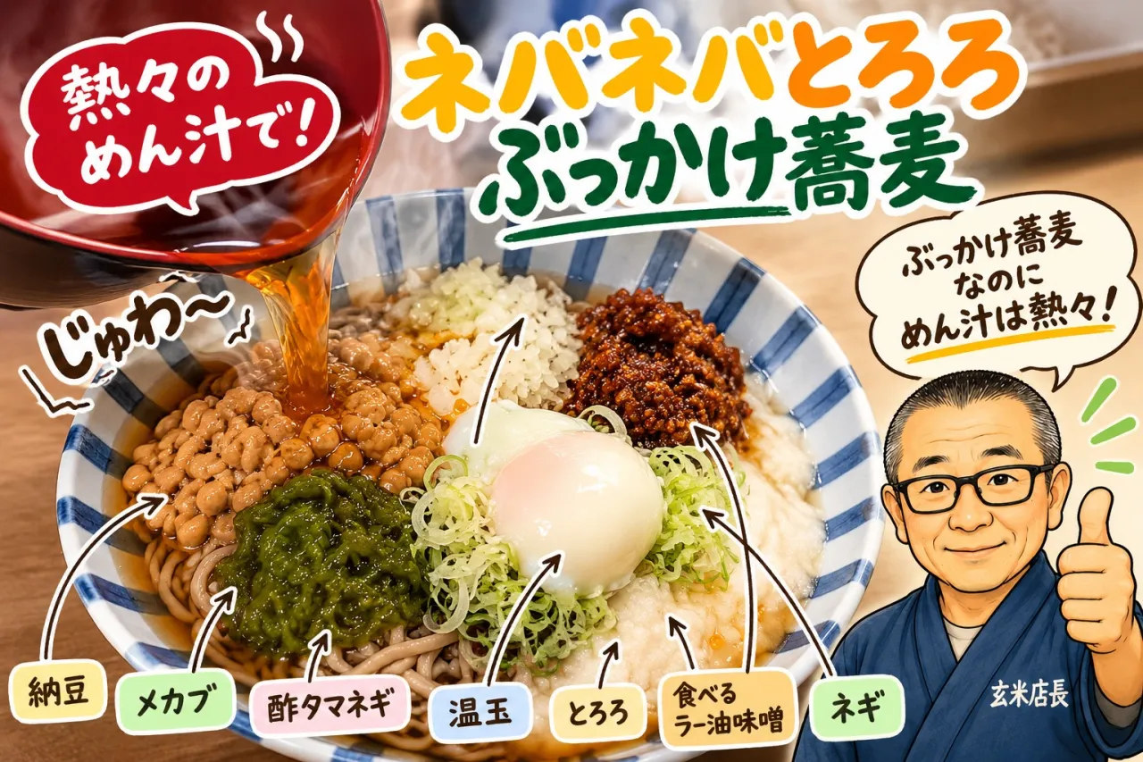 ぶっかけ蕎麦なのに、めん汁は熱々です!笑